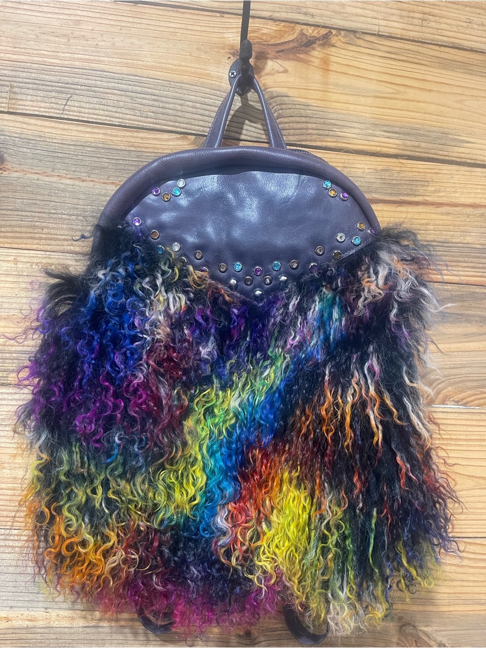 Multicolor Curly Fur Women’s Backpack with Studded Leather Trim
